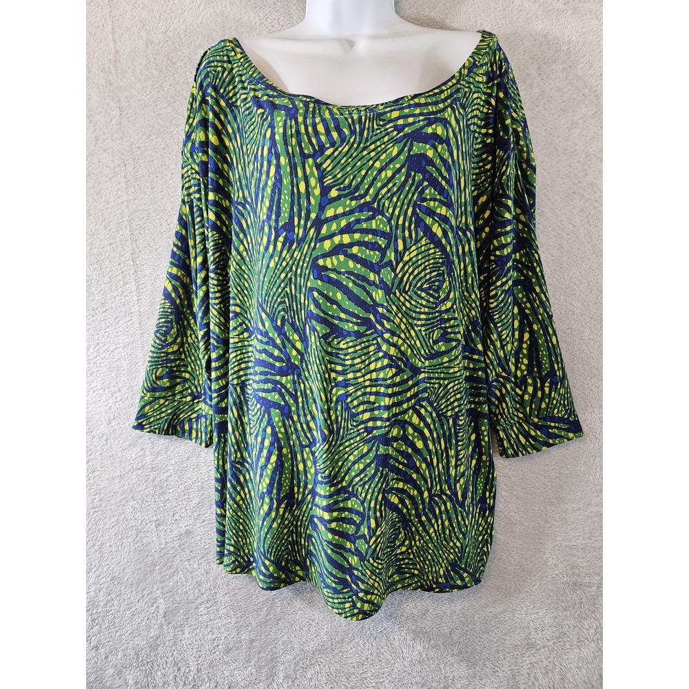 Attitudes by Renee Blouse Womens 2XL Green Blue Yellow Abstract Animal Print